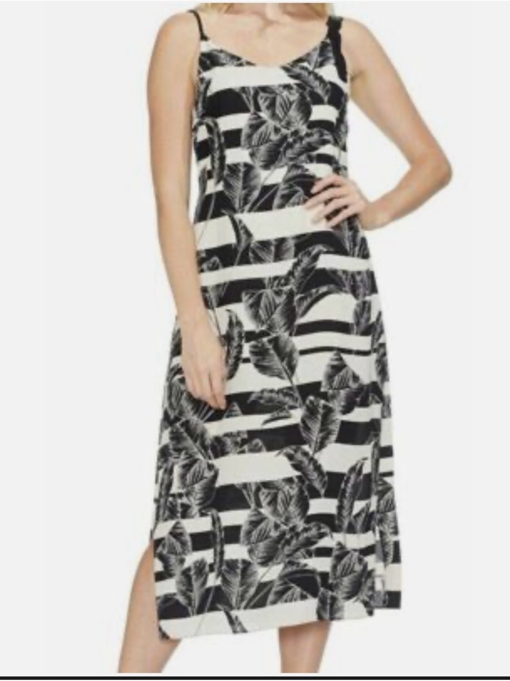 Vince Camuto Tropical Shadows Midi Slip Dress Black/White Stripes Size 2